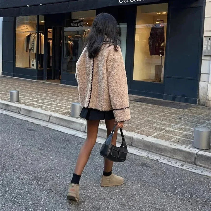 Beige Teddy Blazer for Women with Contrasting Black Stitching