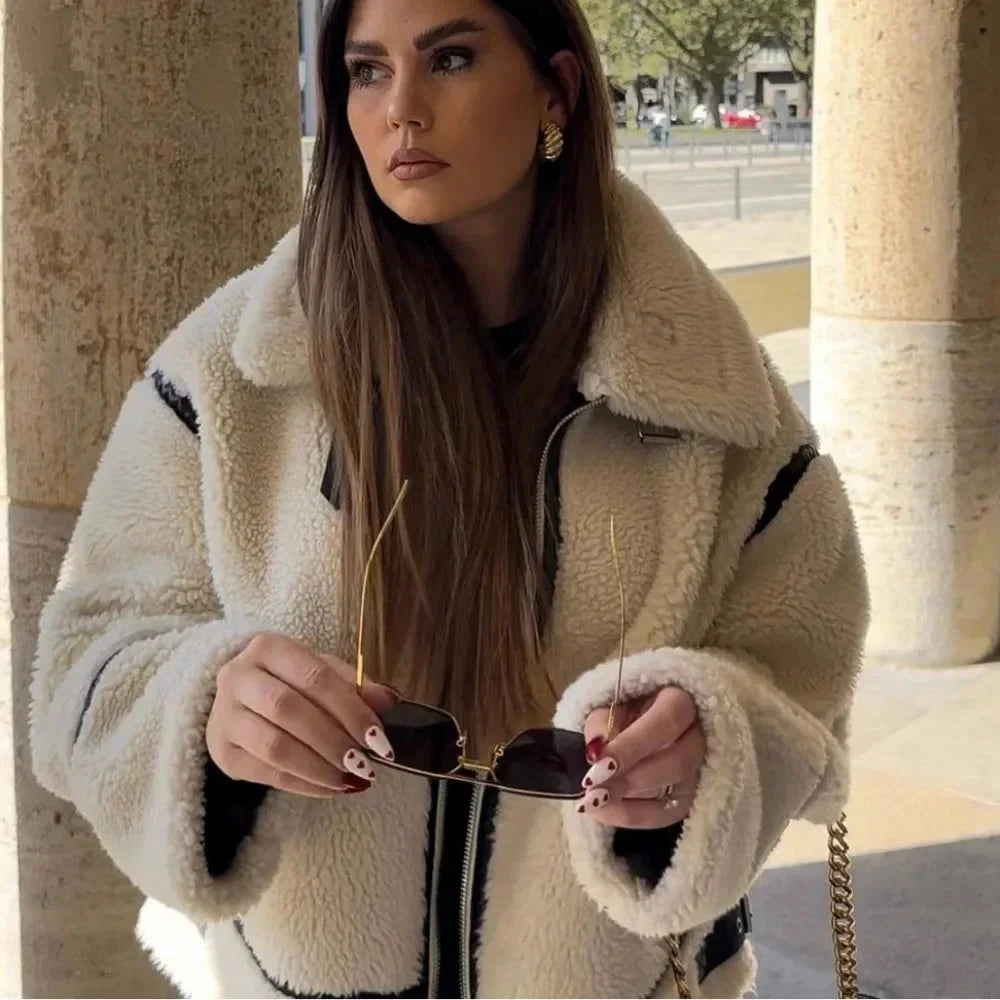 Oversized beige teddy blazer for women with black accents