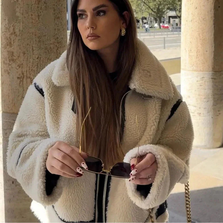 Oversized beige teddy blazer for women with black accents