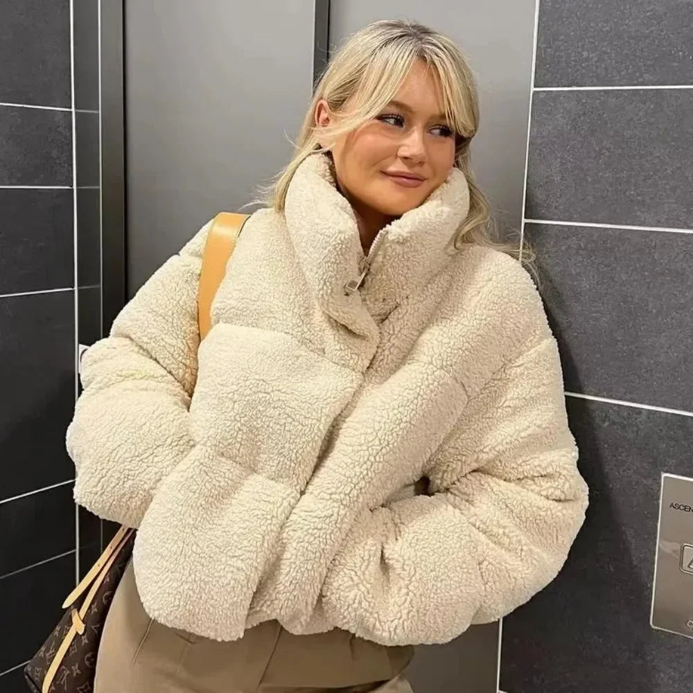 Beige teddy-puffer blazer for women with a stand-up collar
