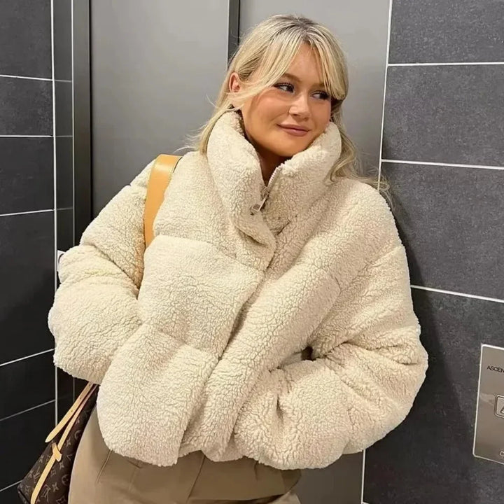 Beige teddy-puffer blazer for women with a stand-up collar