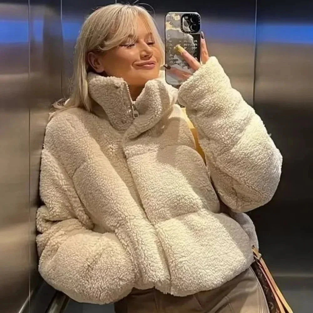 Beige teddy-puffer blazer for women with a stand-up collar