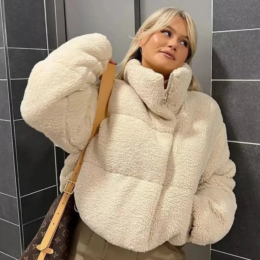 Beige teddy-puffer blazer for women with a stand-up collar