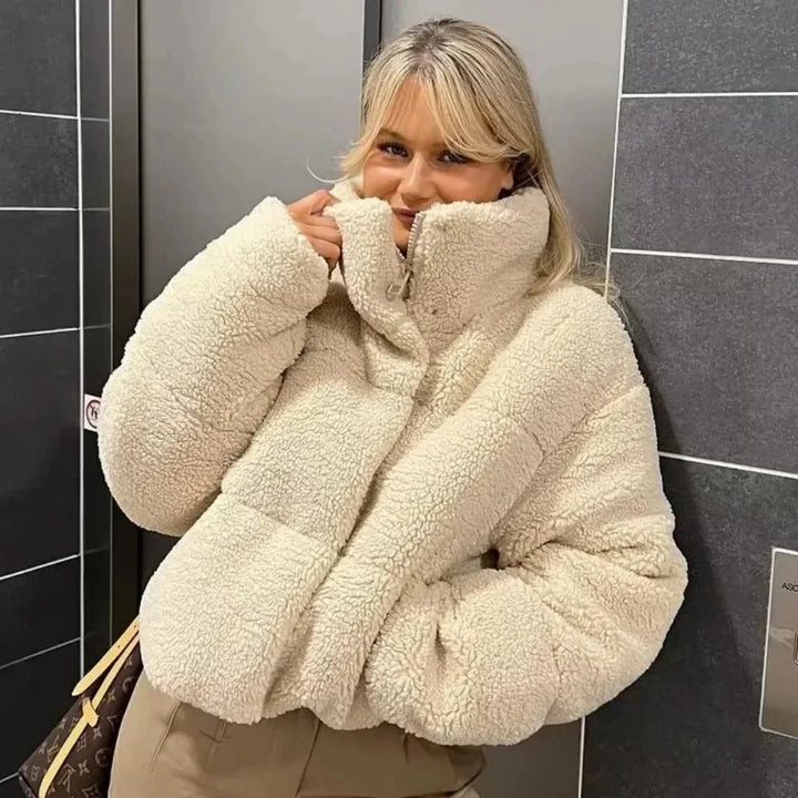 Beige teddy-puffer blazer for women with a stand-up collar