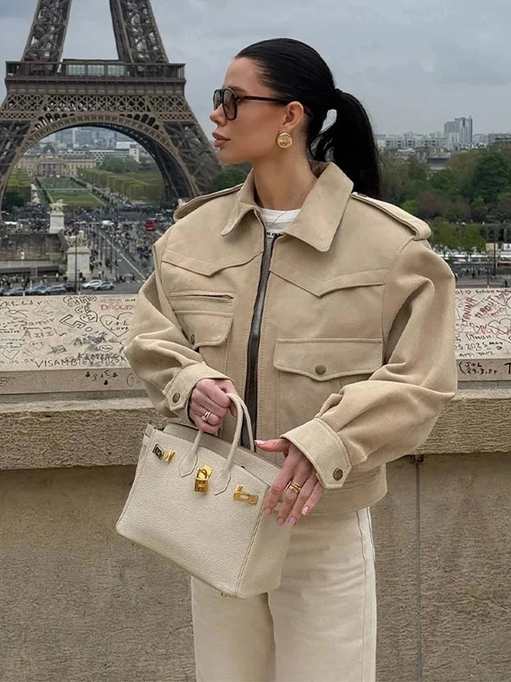 Short Beige Trench Coat Blazer with Lapel Collar for Women
