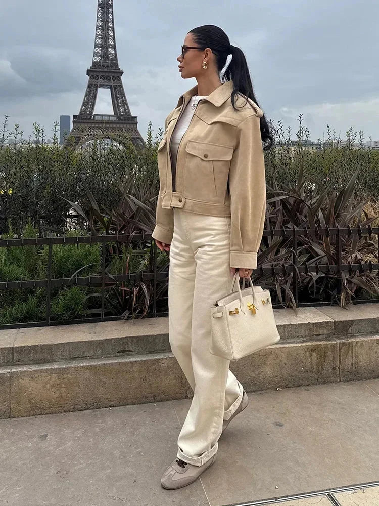 Short Beige Trench Coat Blazer with Lapel Collar for Women