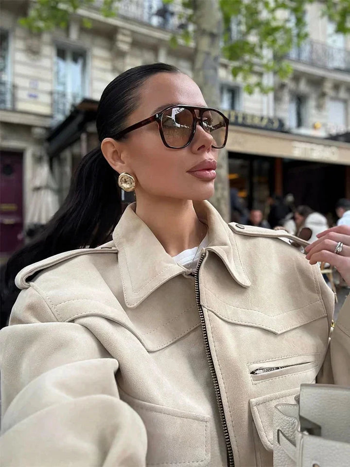 Short Beige Trench Coat Blazer with Lapel Collar for Women